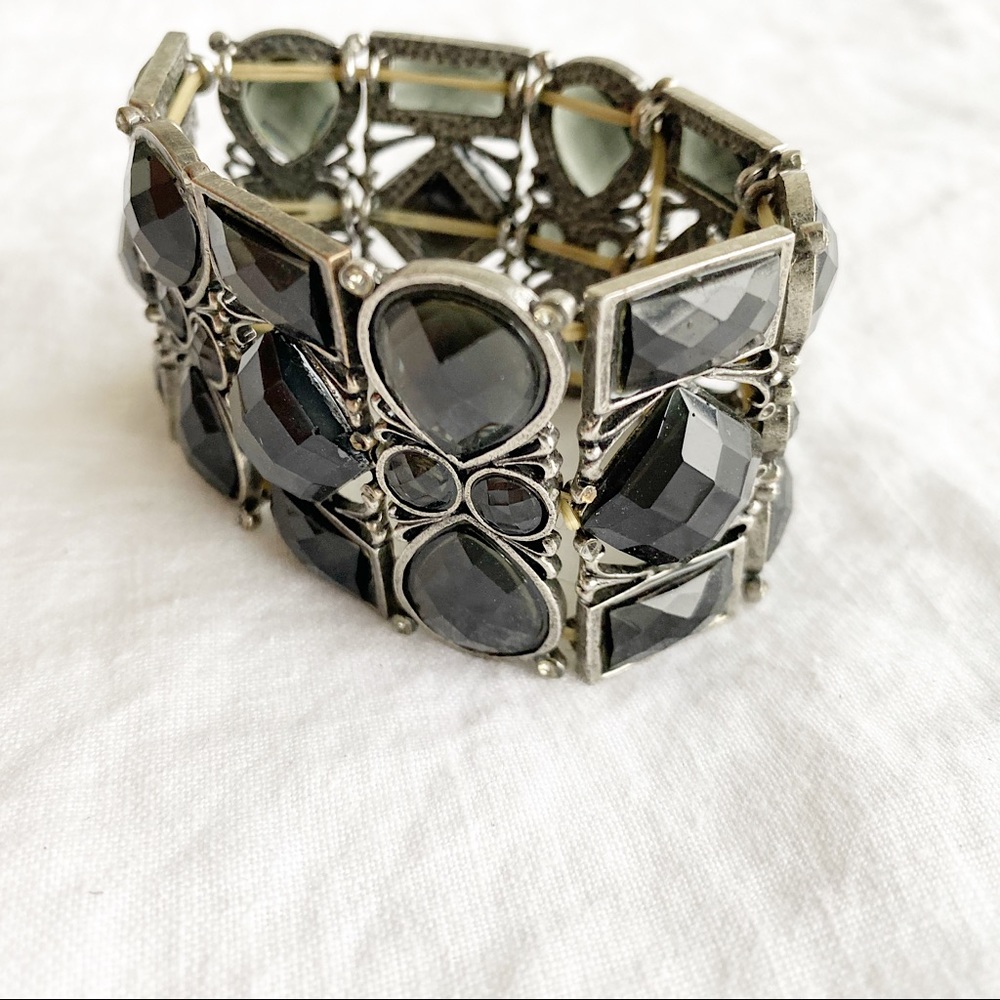 Chunky Silver bracelet with large black stones, perfect for layering